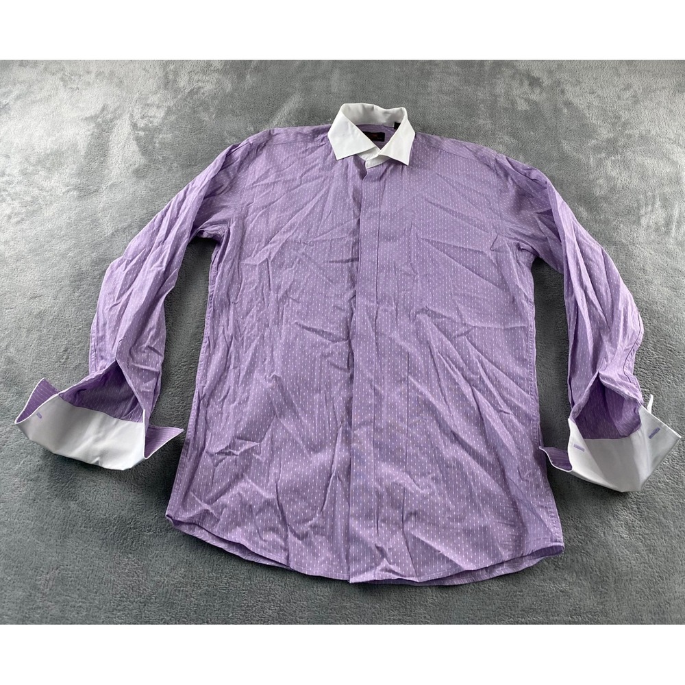 Steven Land Mens Lavender Dotted Shirt Contrast White Collar French Cuff 15.5